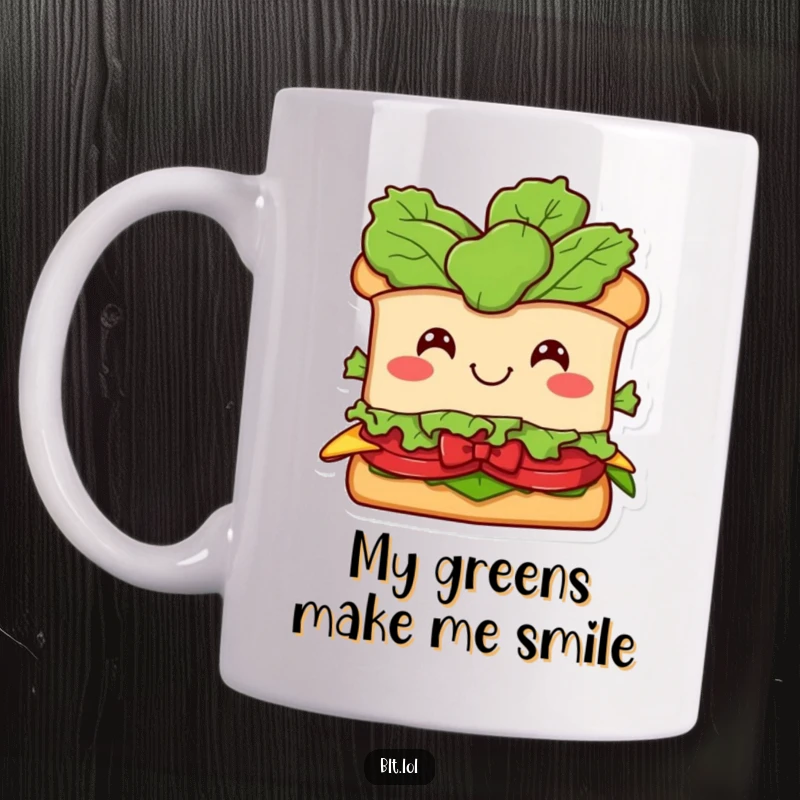 Funny BLT Sandwich and Lettuce Bow Mug: A smiling BLT character with a lettuce head in a bow, ready to bring joy to your kitchen.