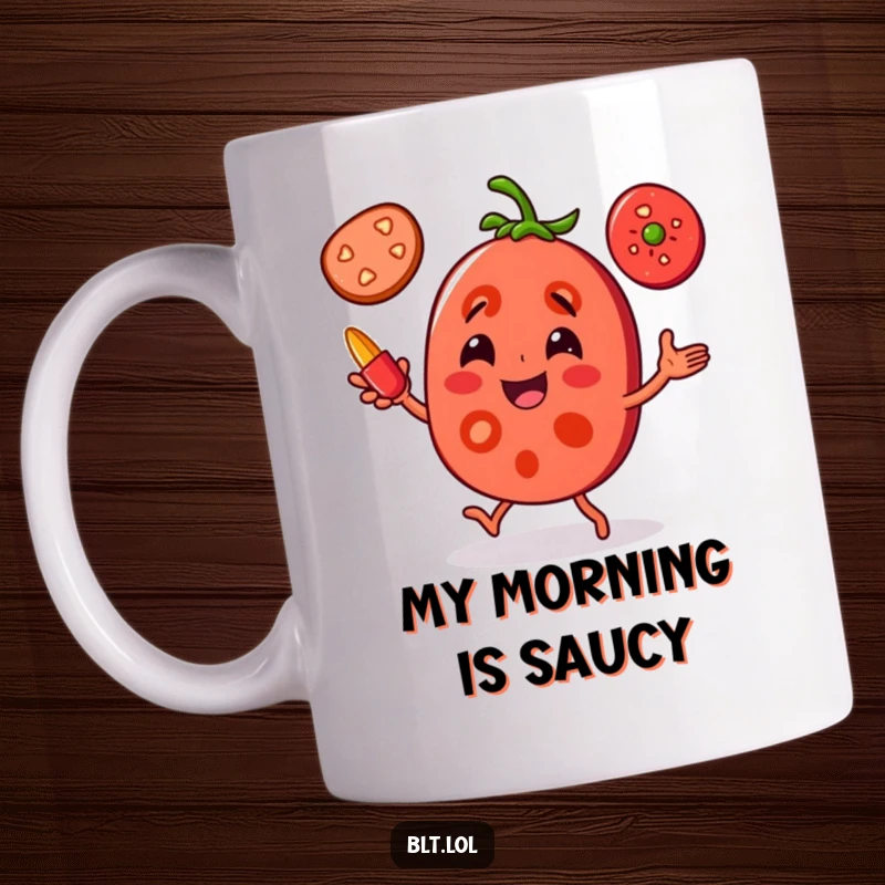 Funny Tomato Juggling Mug: A joyful tomato slice character is skillfully juggling pepper slices, showcasing a fun kitchen activity.