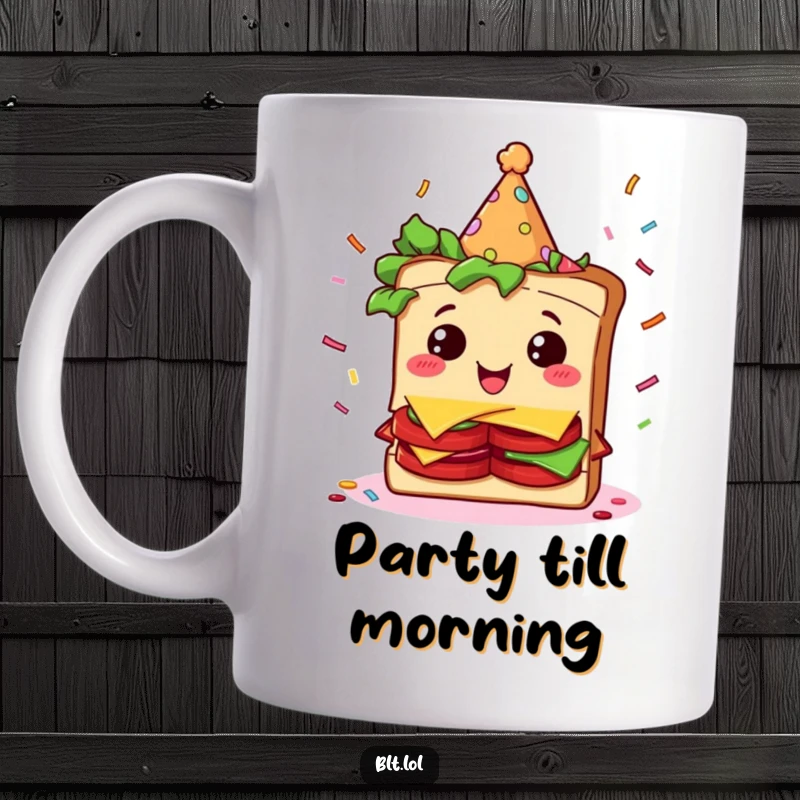 Funny BLT sandwich character wearing a colorful party hat, joyfully amidst falling confetti, depicted on a mug.