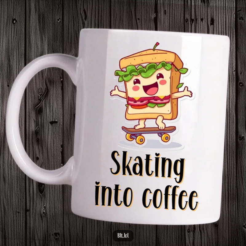Funny mug featuring an anthropomorphic BLT sandwich gleefully riding a tiny skateboard, showcasing a fun and adventurous personality.