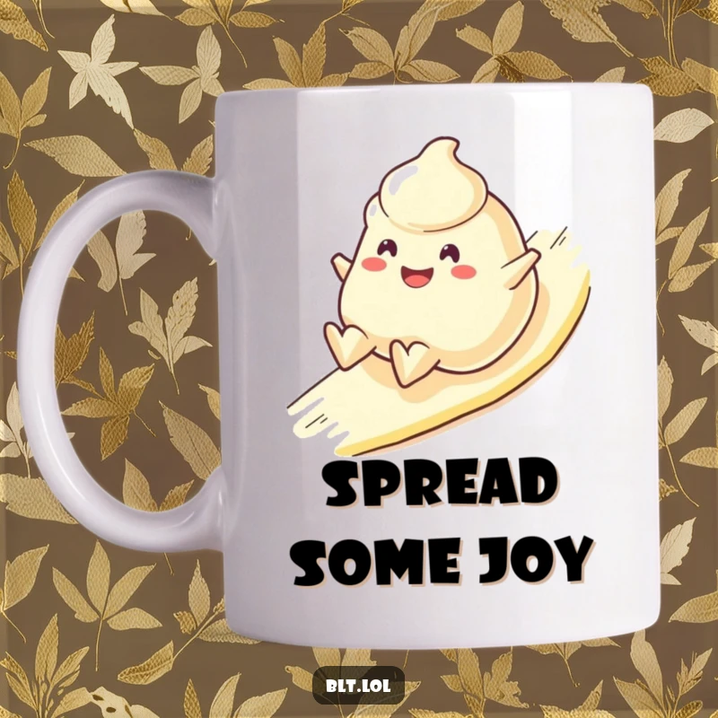 Funny Mug featuring a cheerful mayonnaise blob character sliding downhill happily, a humorous food illustration.