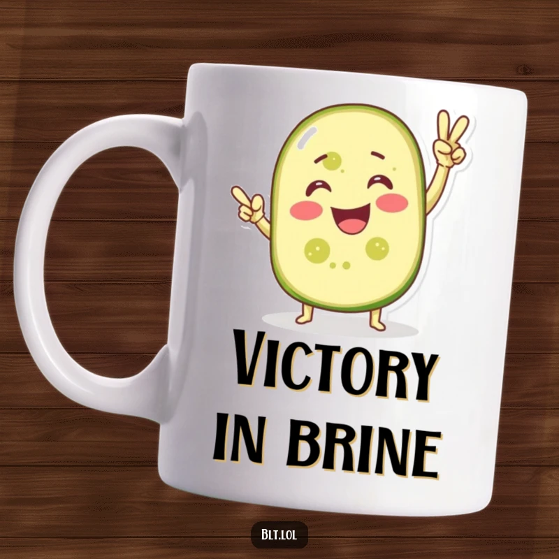 Funny mug featuring a smiling pickle slice striking a triumphant victory pose, celebrating success with a dill-icious grin.