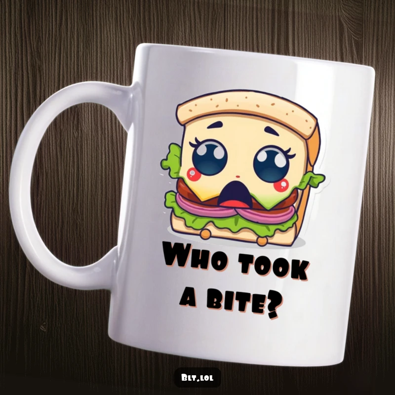 Funny Mug showing a surprised BLT sandwich character with wide eyes, reacting to a bite being taken from it.