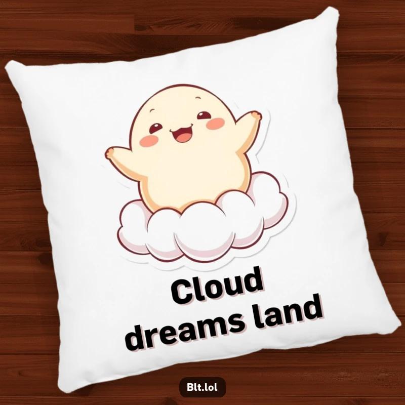 Funny cheerful Kawaii dumpling character bouncing on a cloud, featured on a soft pillow, ideal for relaxation.