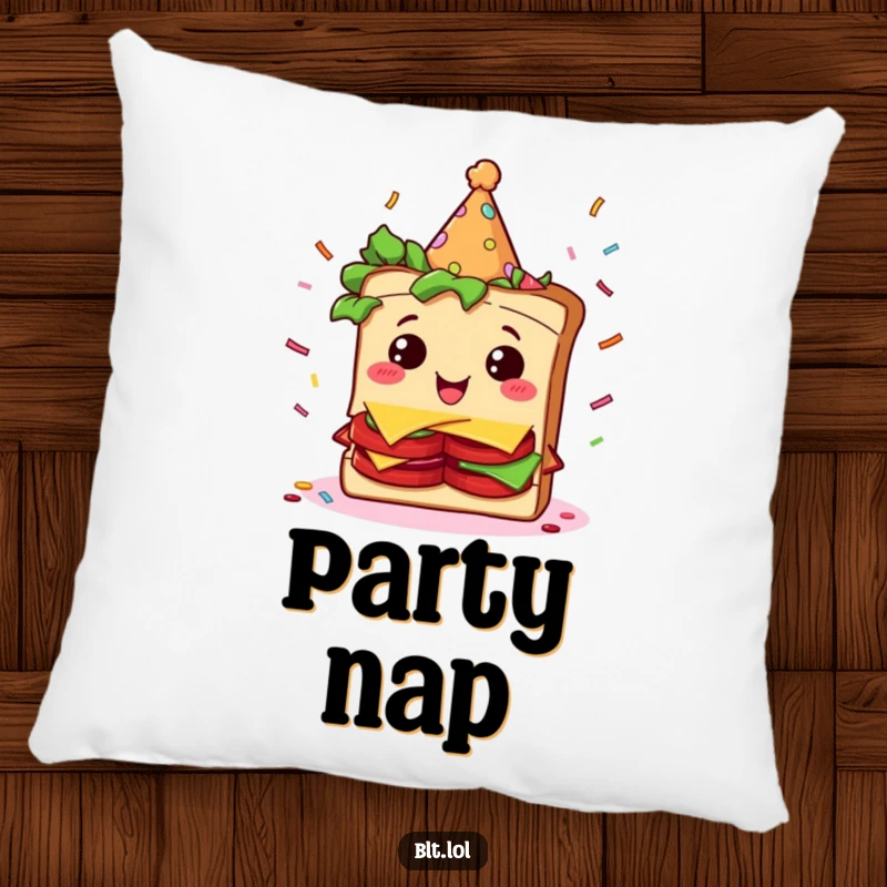 Soft pillow featuring a funny BLT sandwich character wearing a party hat and surrounded by falling confetti.