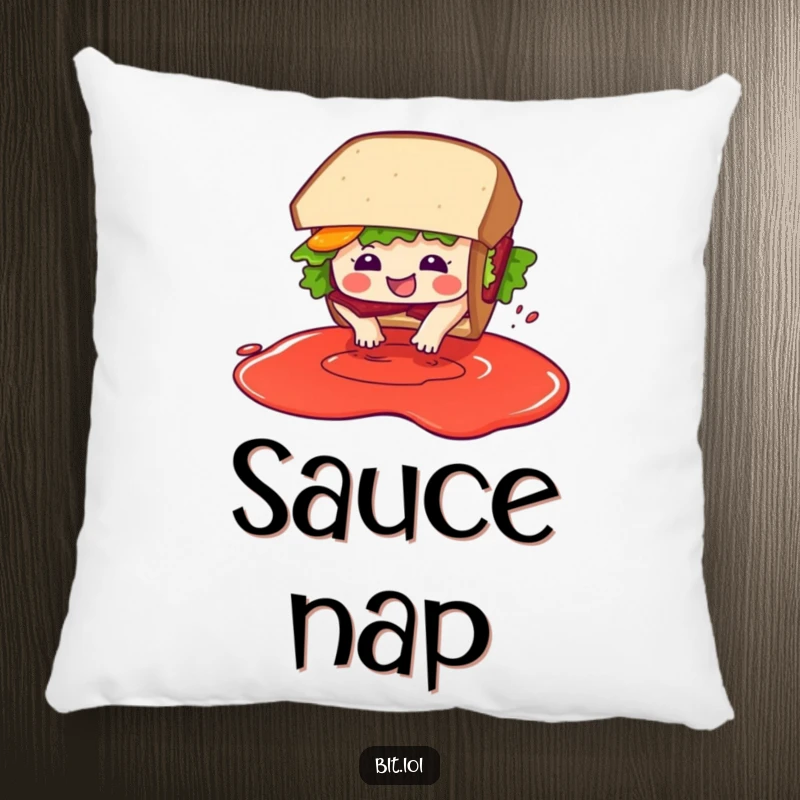 Soft pillow featuring a funny BLT sandwich character gleefully diving into an imaginary pool of sauce.