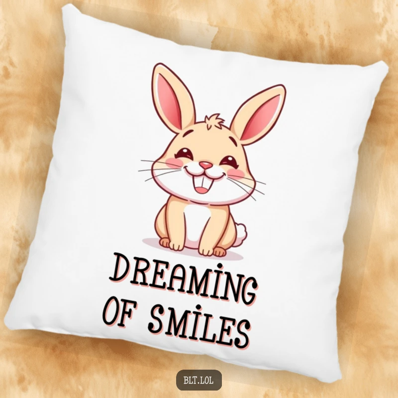 Funny pillow with a soft texture, featuring a happy cartoon bun's infectious grin, perfect for adding comfort and humor.