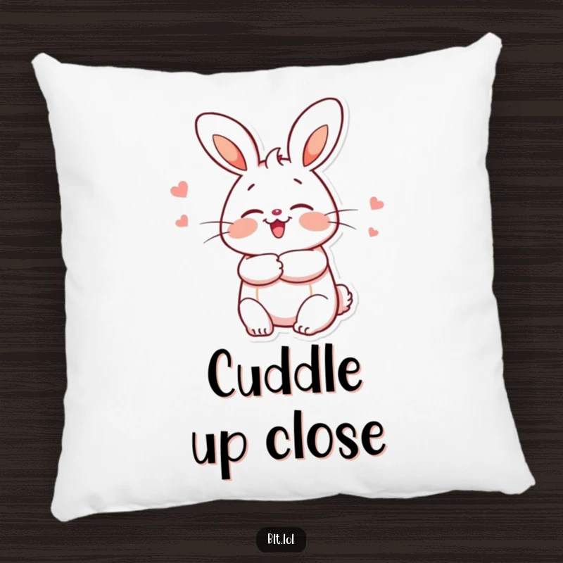 Funny bun character giving a warm hug, plushly depicted on a decorative pillow for ultimate comfort and affection.