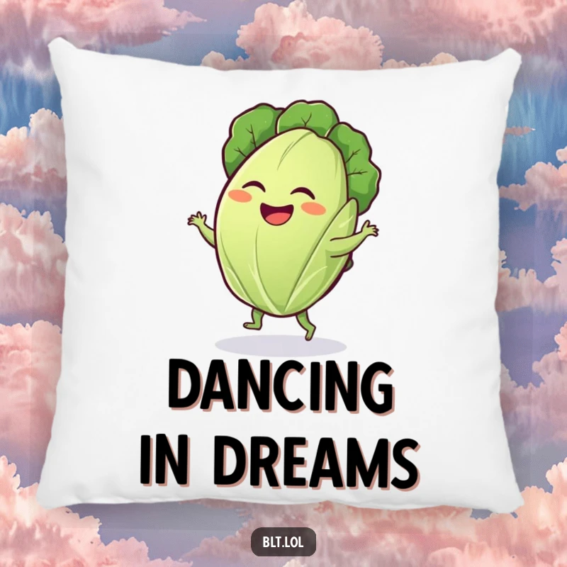 Funny lettuce leaf pillow featuring a giggling leaf doing a silly dance, adding comfort and veggie-themed humor.