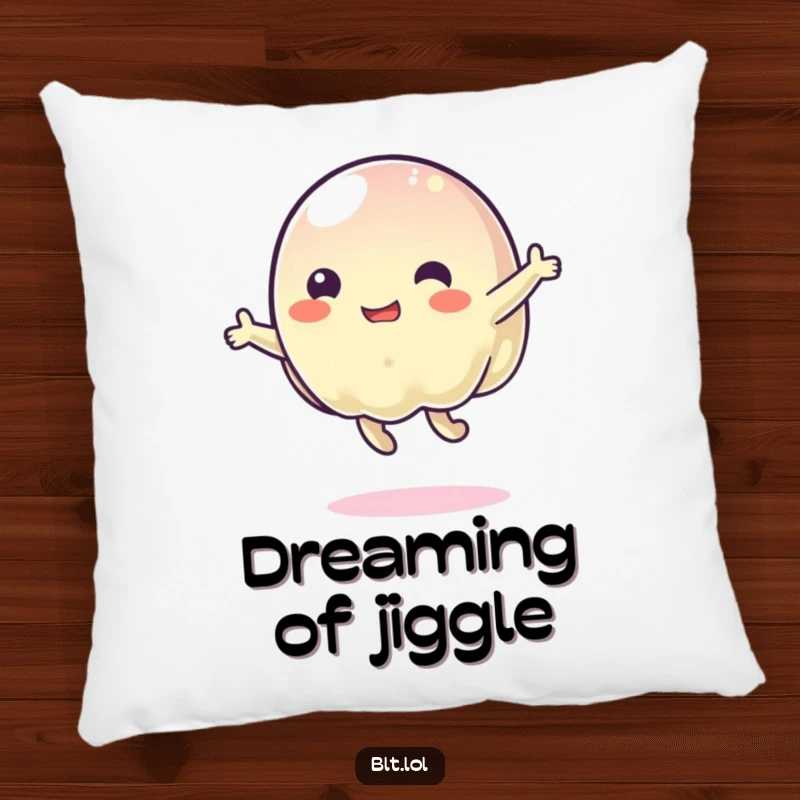 Funny wobbly jelly character bouncing energetically, plushly depicted on a decorative pillow for ultimate comfort and fun.