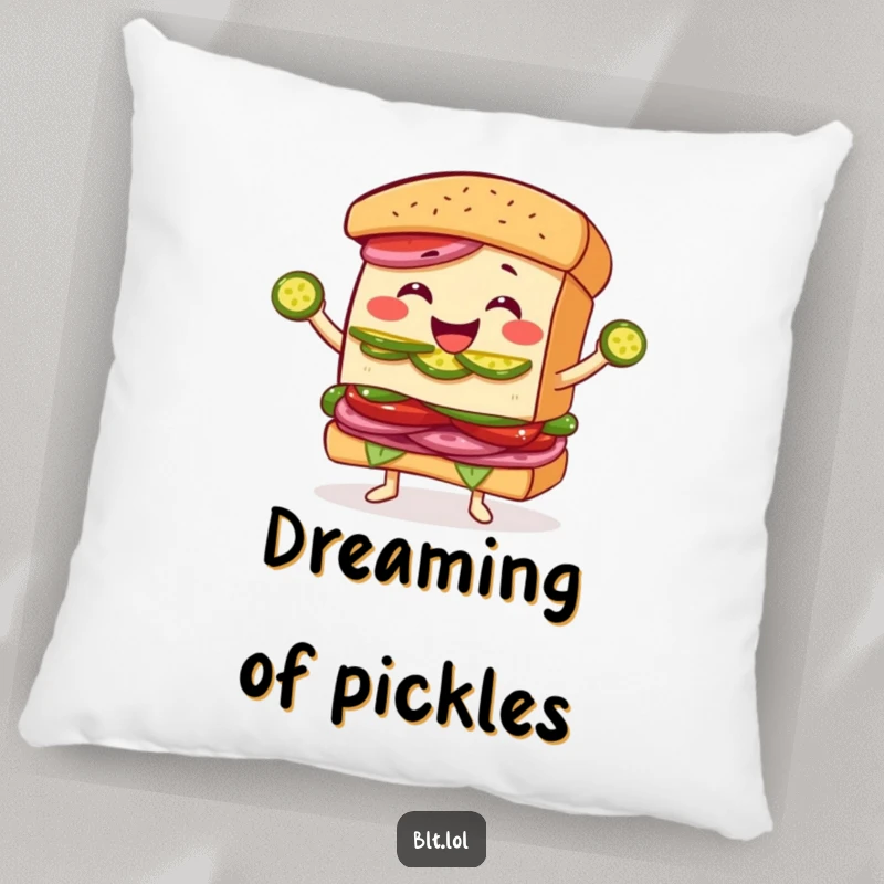 Funny Juggling BLT Sandwich Pillow: A soft pillow featuring a smiling BLT character expertly juggling pickle slices for humorous comfort.