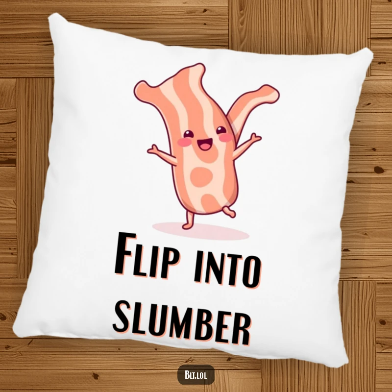 Funny bacon strip pillow featuring a cheerful strip doing a cartwheel, adding comfort and breakfast humor.