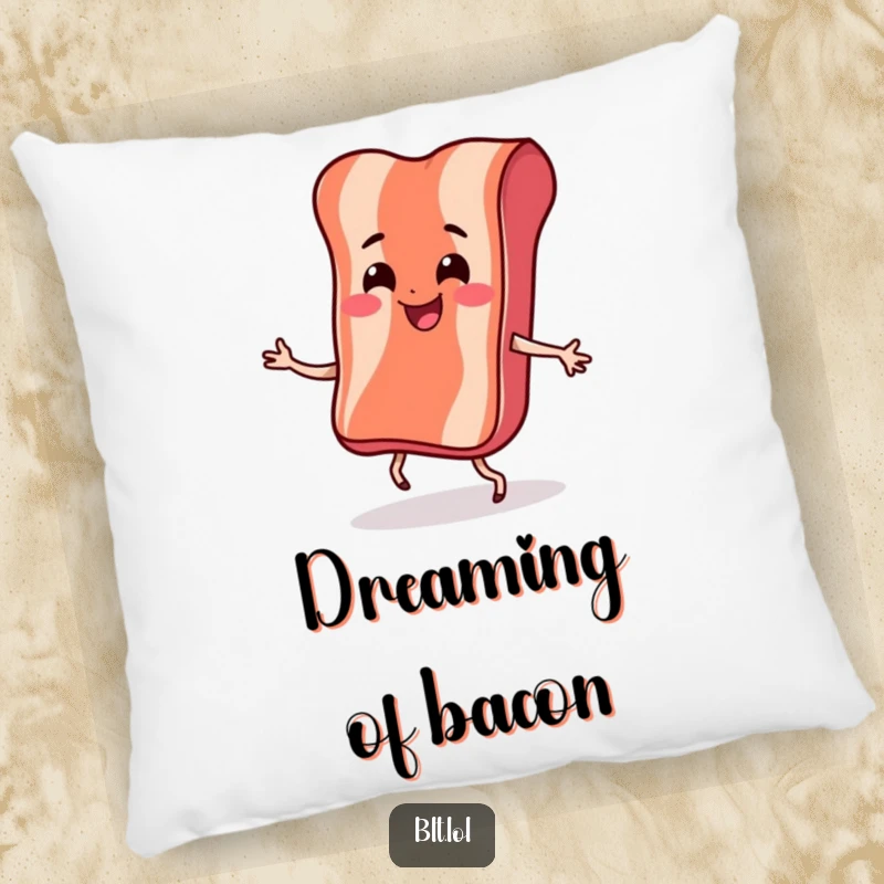 Funny Pillow featuring a happy bacon strip with tiny legs doing a bouncy dance, soft and inviting with breakfast fun.