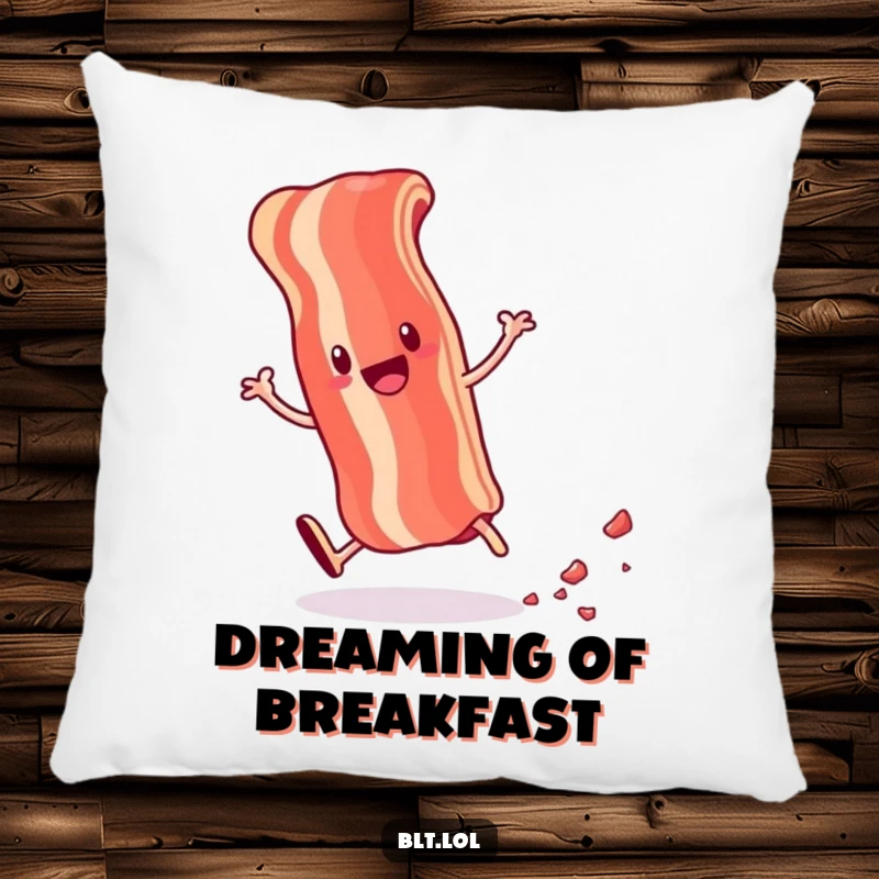 Funny pillow with an anthropomorphic bacon strip cartwheeling and leaving tiny crumbs, a soft and humorous decorative accent.