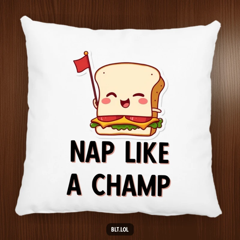 Funny pillow with a winking anthropomorphic BLT sandwich and a tiny flag, a soft and humorous decorative accent.