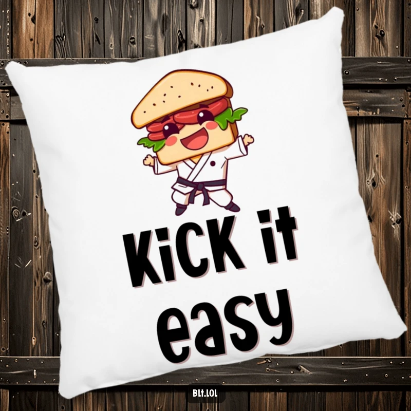 Funny BLT sandwich character in a relaxed yet ready karate stance, featured on a plush pillow for ultimate comfort.
