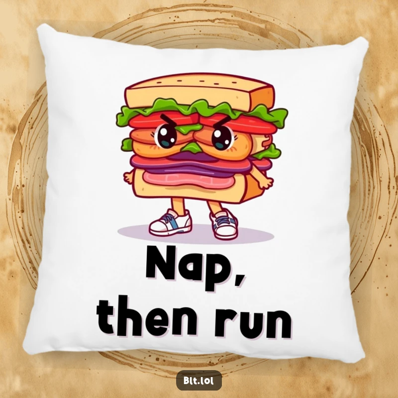 Funny Pillow showcasing a determined BLT sandwich character in tiny running shoes, ready to achieve its goals.