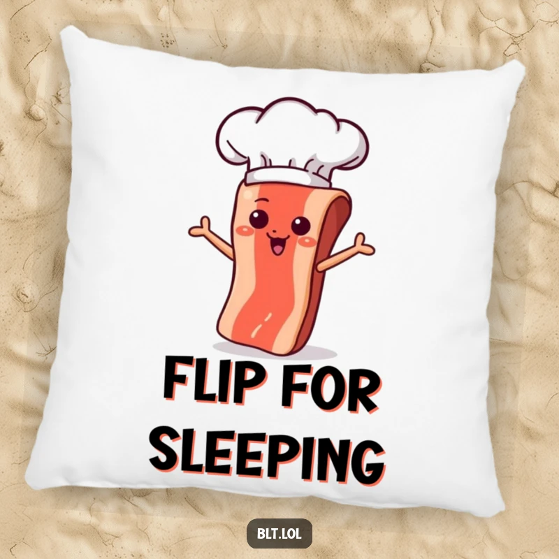 Funny bacon strip character in a chef hat, mid-flip, featured on a soft and cuddly pillow.