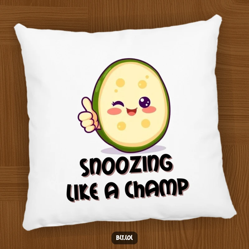Funny happy pickle slice giving a thumbs up on a pillow, offering cozy comfort and positive humor.