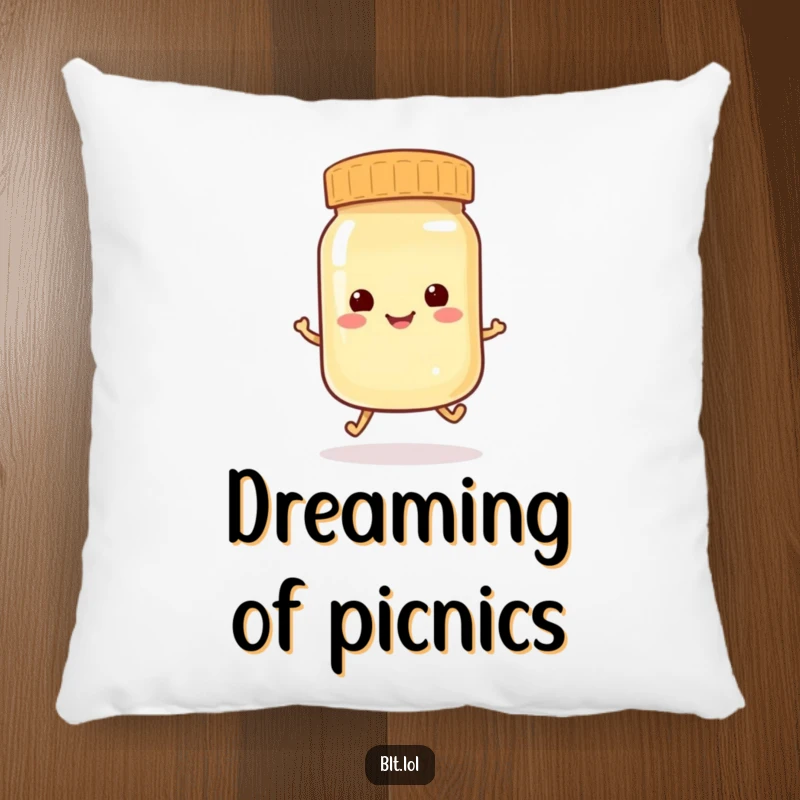 Funny anthropomorphic mayonnaise jar doing a little hop, a soft and humorous decorative pillow.