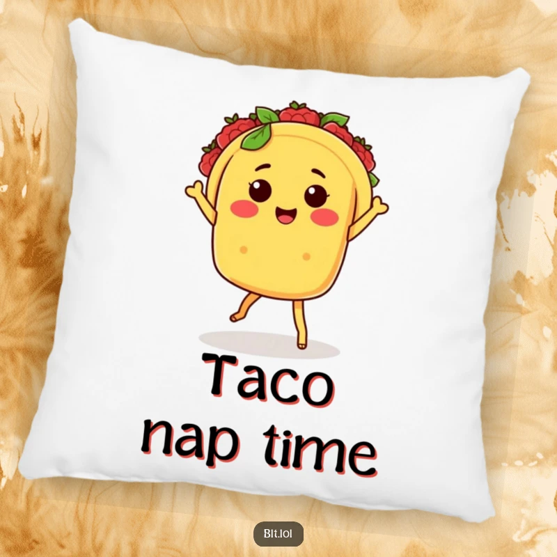 Funny Kawaii taco character with tiny legs dancing salsa, featured on a soft pillow, perfect for adding humor to furniture.