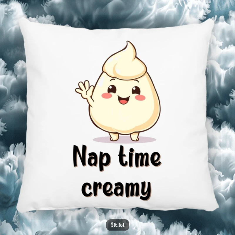 Funny mayonnaise dollop waving hello, plushly depicted on a decorative pillow for ultimate comfort and friendliness.