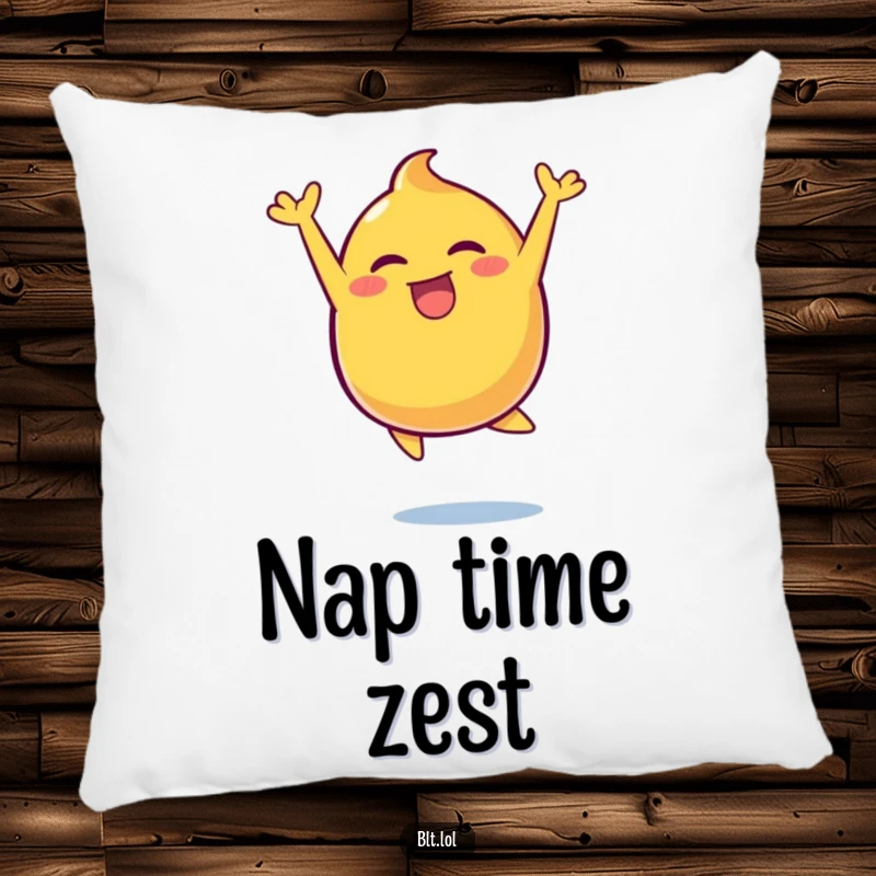 Funny energetic mustard blob leaping with glee, plushly depicted on a decorative pillow for maximum fun.