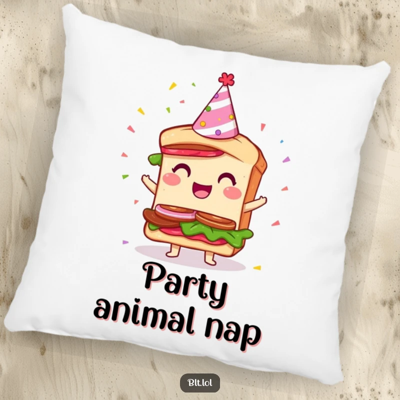 Funny Party BLT Sandwich Pillow: A soft cushion featuring a giddy BLT character in a party hat with confetti for humorous comfort.