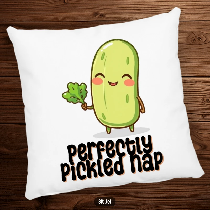 Funny pillow featuring a smiling anthropomorphic pickle winking and holding a tiny lettuce leaf, a soft and humorous decorative accent.