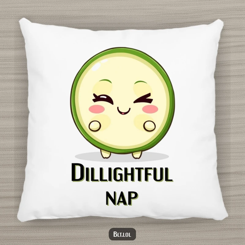 Funny Pillow with a winking pickle slice character with a mischievous grin, a soft and humorous decorative food item.