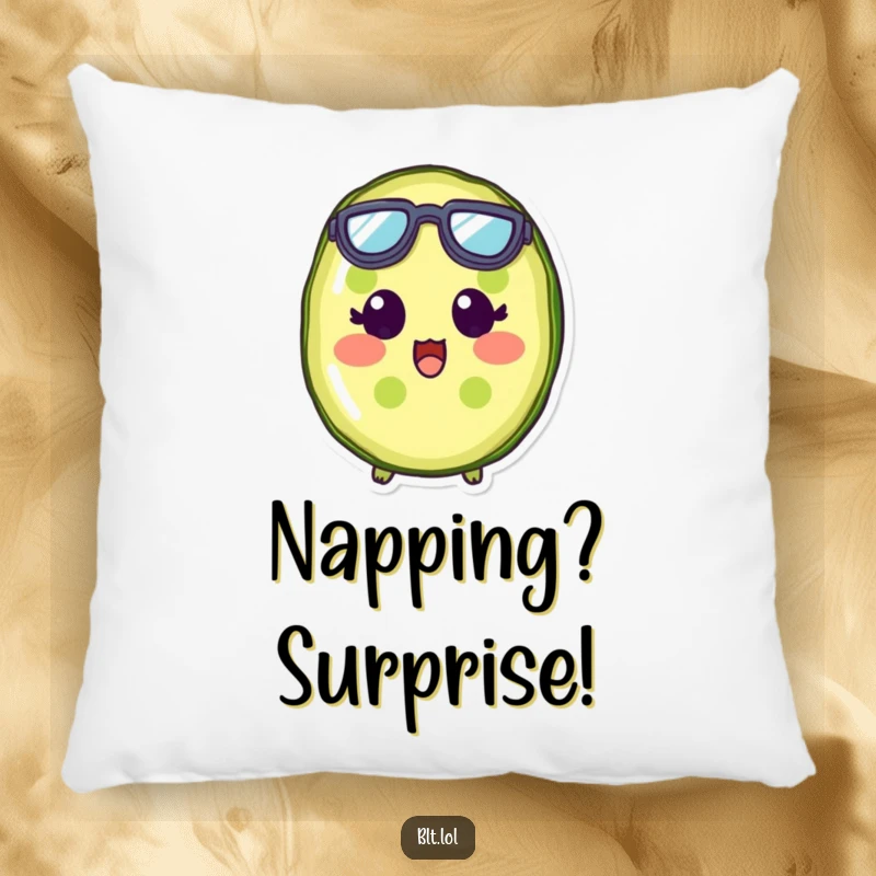 Funny pickle slice character wearing tiny goggles, wide-eyed with shock, featured on a soft and cozy pillow.