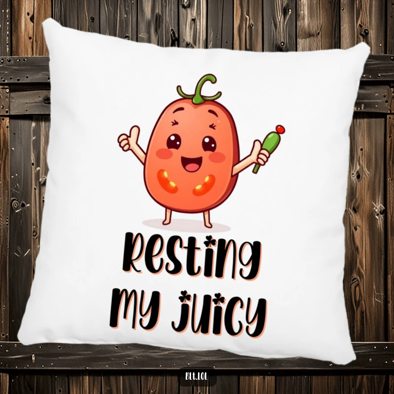 Funny Pillow featuring a happy tomato slice waving a small pickle spear, offering comfort and cheerful veggie companionship.