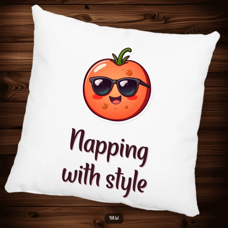 Funny cheerful tomato slice wearing sunglasses on a pillow, offering comfort and a humorous touch for a funny gift.