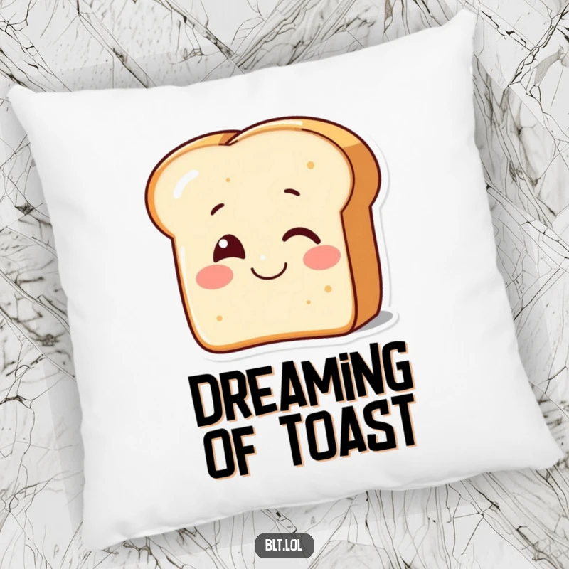 Funny smiling piece of bread winking on a pillow, offering cozy comfort and cute charm for a funny gift.