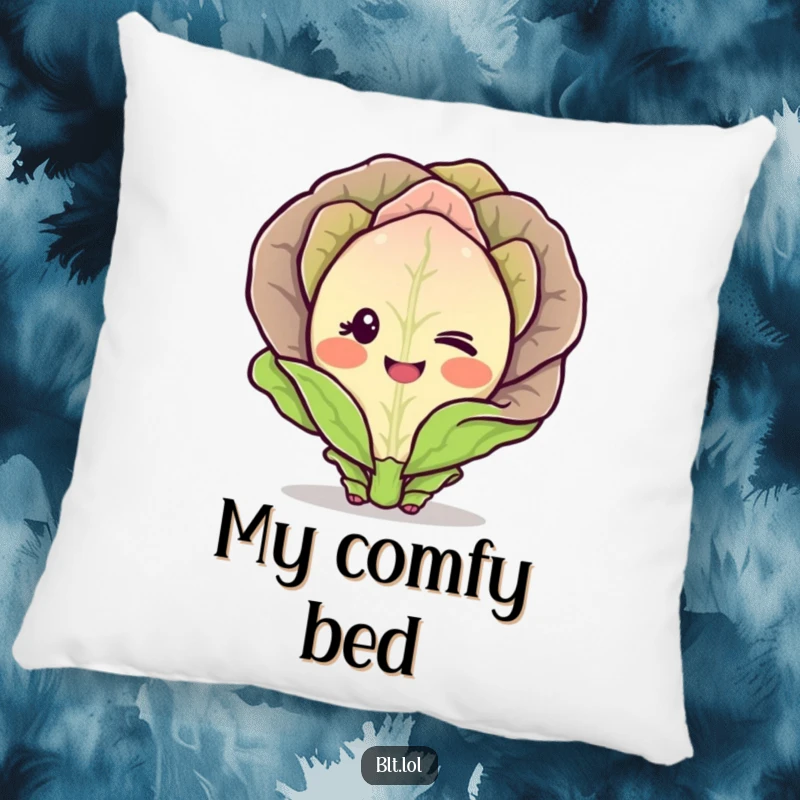 Funny Pillow with a blushing lettuce character winking shyly, a soft and humorous decorative item.