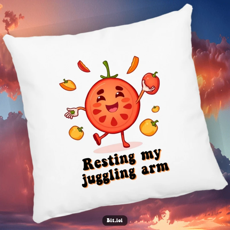 Funny juggling tomato pillow featuring a joyful character, offering a plush and humorous accent for sofas and beds.