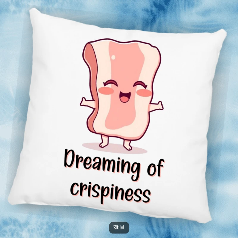 Funny giggling bacon pillow featuring a dancing character, offering a plush and humorous addition to any seating area.
