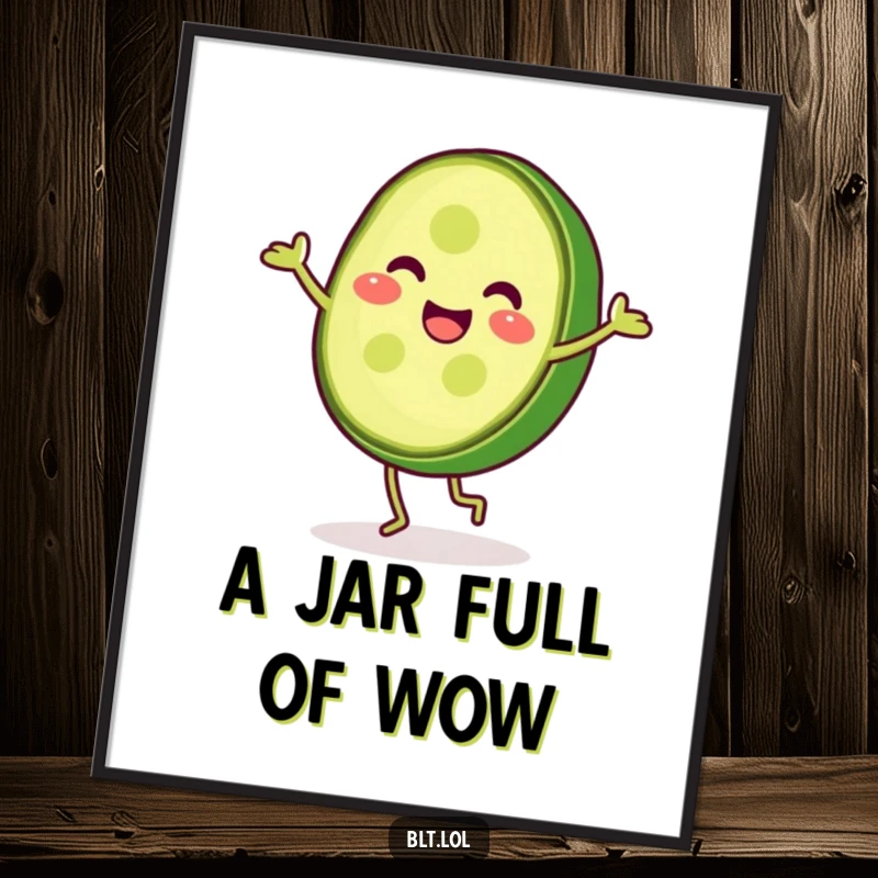 Funny pickle slice performing a lively cartwheel, rendered as dynamic digital art, bringing instant cheer and humor.