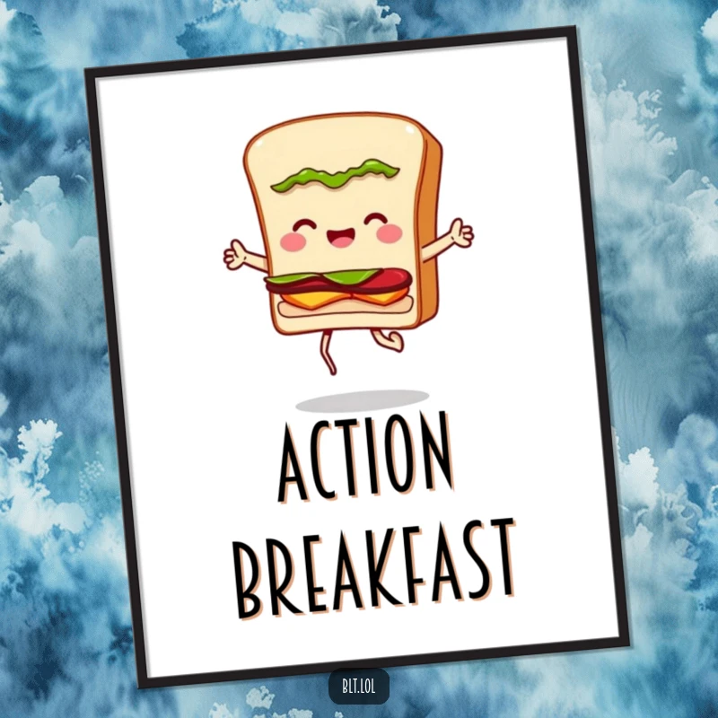 Funny digital art print of a BLT sandwich character jumping rope, capturing a moment of pure, unadulterated joy.