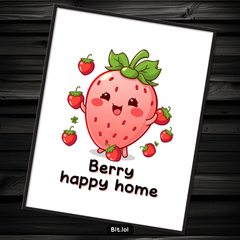 Funny giggling Kawaii strawberry character juggling berries, available as a digital art print for immediate enjoyment.