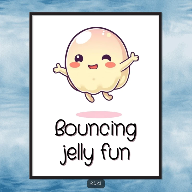 Funny wobbly jelly character captured mid-bounce with pure glee, available as a high-resolution digital art print.