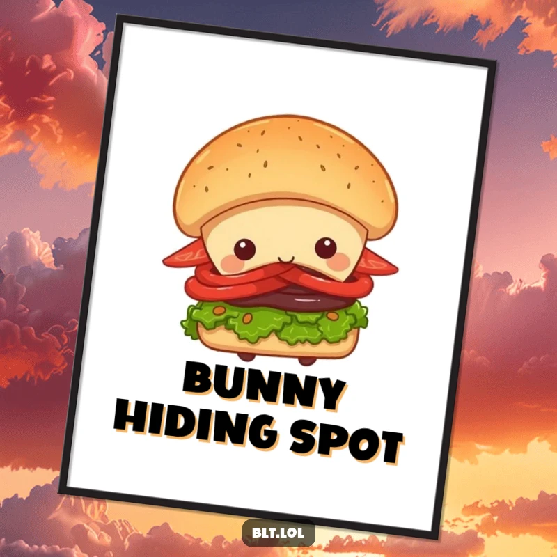 Funny Peek-a-Boo BLT Sandwich Digital Art Print, a sandwich character peeking from behind a giant bun, whimsical and charming artwork, perfect funny gift.