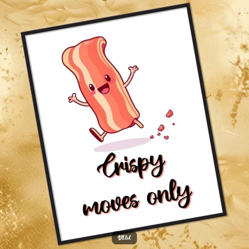 Funny digital art print of an anthropomorphic bacon strip doing a cartwheel and leaving crumbs, perfect for instant foodie decor.