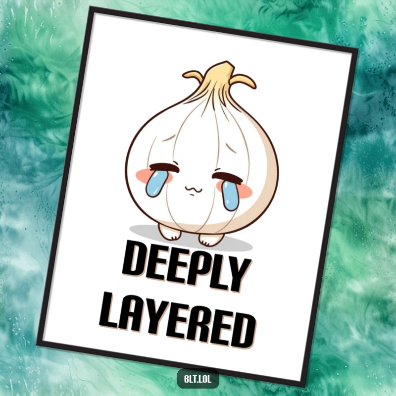 Funny shy anthropomorphic onion blushing and shedding cartoon tears, downloadable humorous digital art.