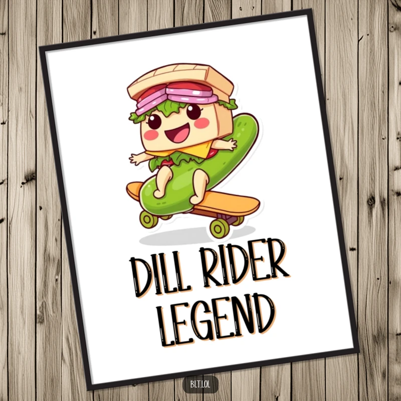 Funny Riding BLT Sandwich Digital Art Print: A whimsical digital artwork of a smiling BLT sandwich riding a giant pickle like a skateboard.