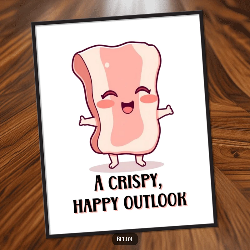 Funny giggling bacon digital art print, capturing a dancing character ready to bring laughter and cheer to any room.