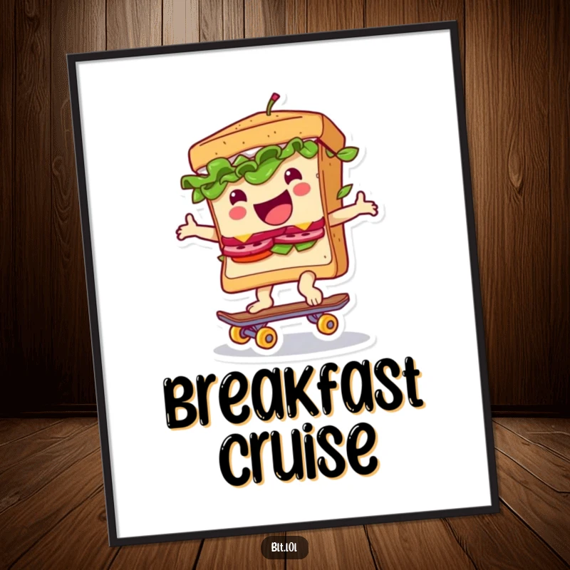 Funny digital art print of a BLT sandwich joyfully riding a tiny skateboard, capturing a moment of pure fun.