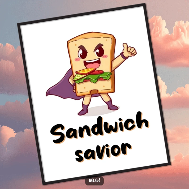 Funny digital art print of a BLT sandwich in a dramatic superhero pose, ready to save the day with humor.