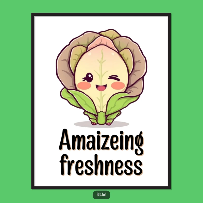 Funny Blushing Lettuce Digital Art Shy Winking Vegetable Character Instant Gift