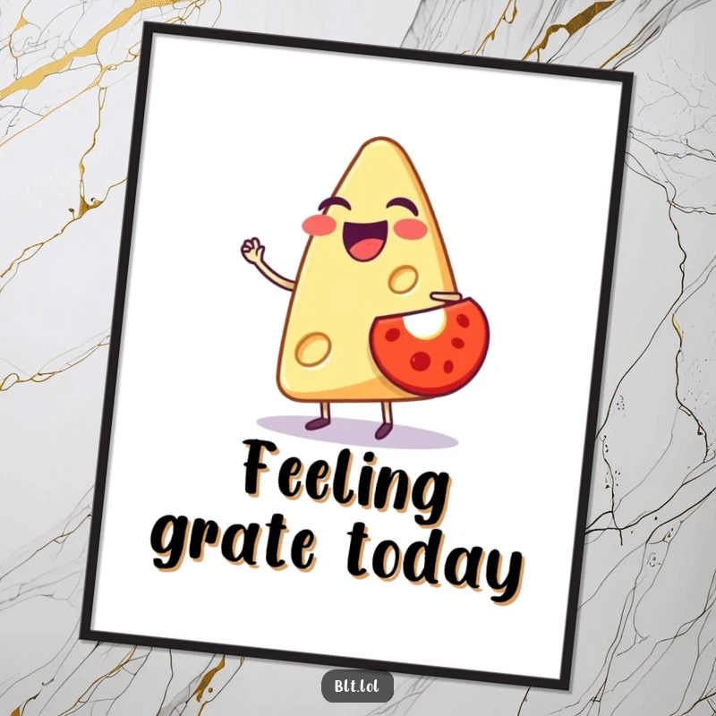 Funny digital art print of a laughing anthropomorphic cheese slice balancing a small tomato, perfect for instant foodie wall decor.